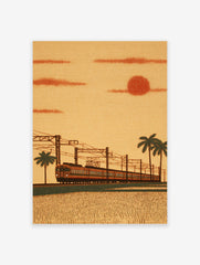 Japanese train moving through a field with palm trees under an orange sunset sky and red sun, in an illustrative art style.