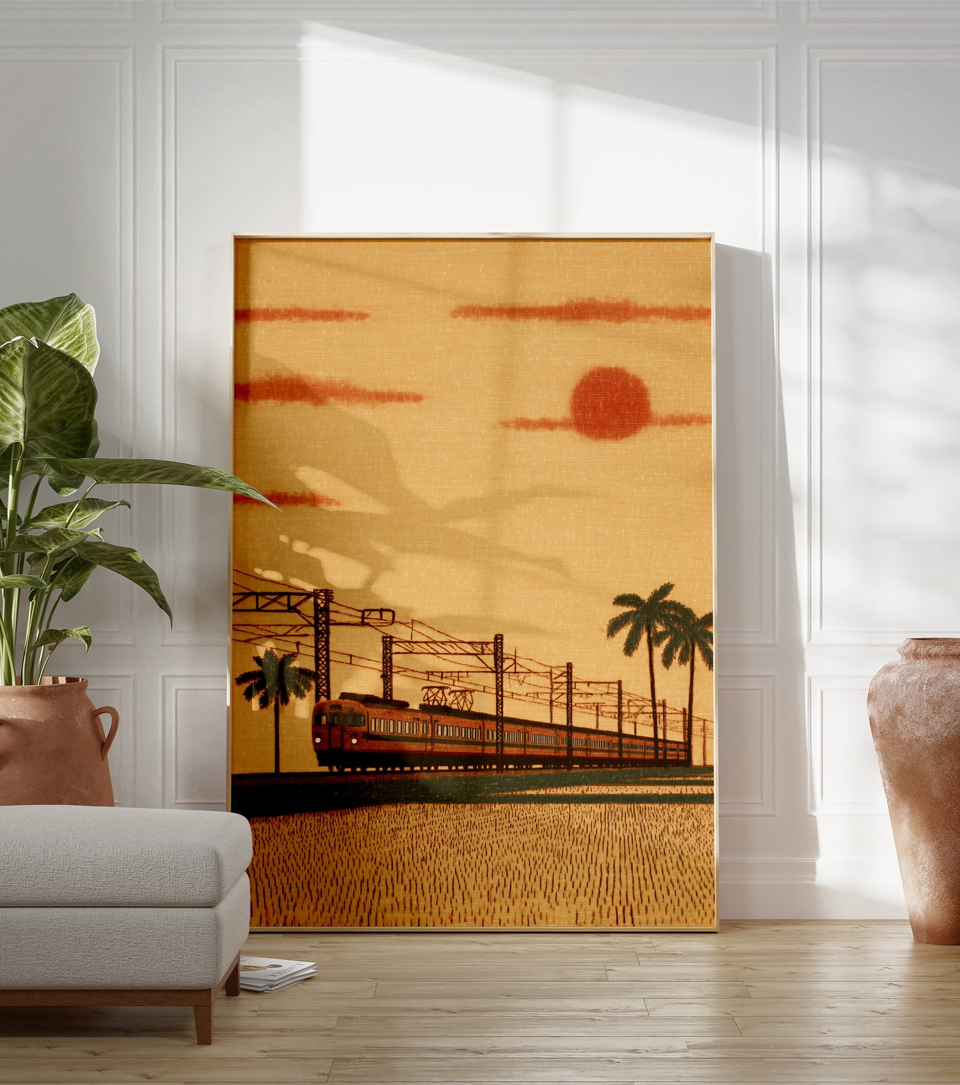 Japanese train moving through a field with palm trees under an orange sunset sky and red sun, in an illustrative art style. - Image 3