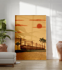 Japanese train moving through a field with palm trees under an orange sunset sky and red sun, in an illustrative art style. - Image 3