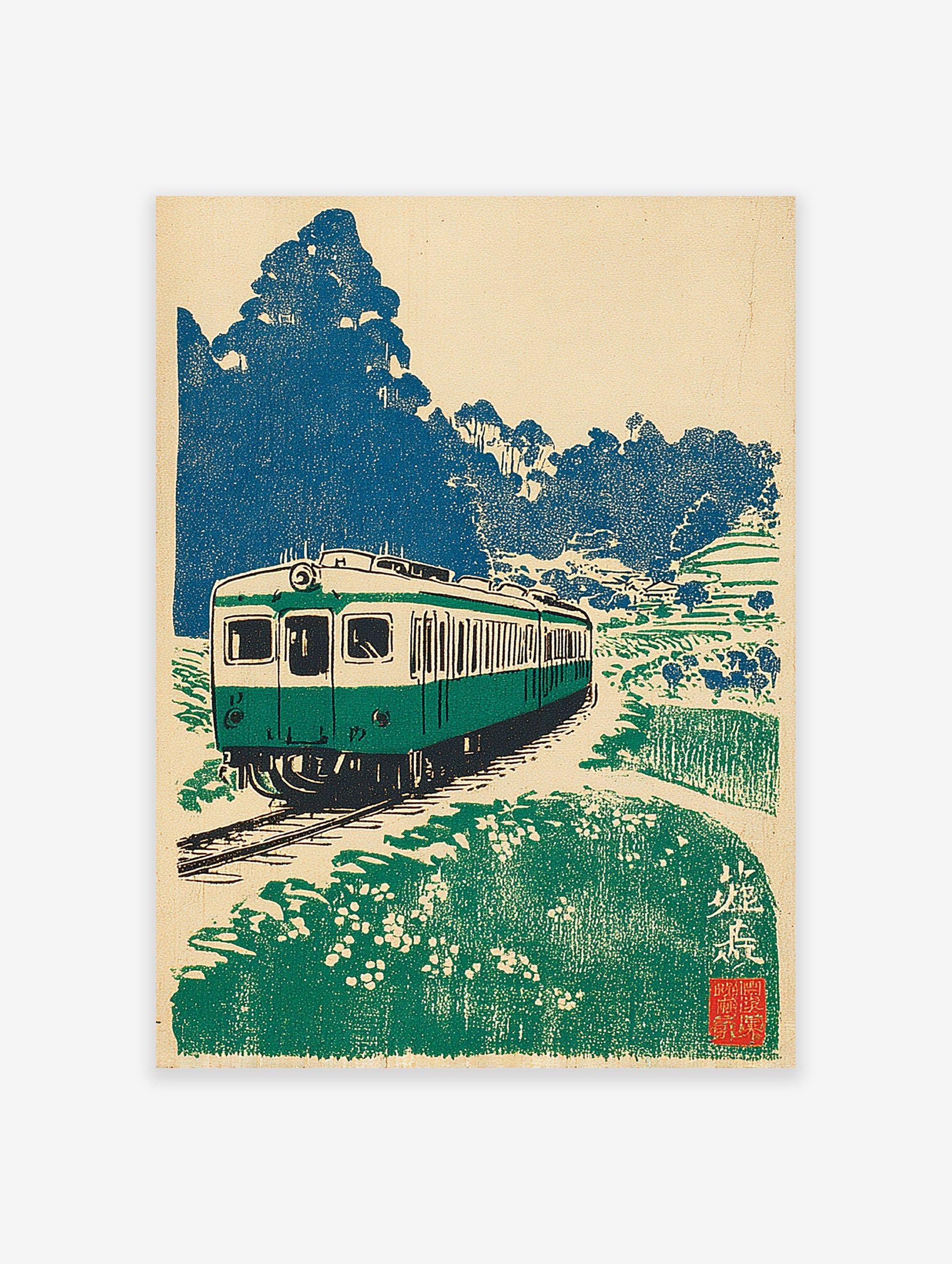 Japanese Train Wall Art showing a green train on tracks in a rural landscape with blue trees and green fields, vintage style.