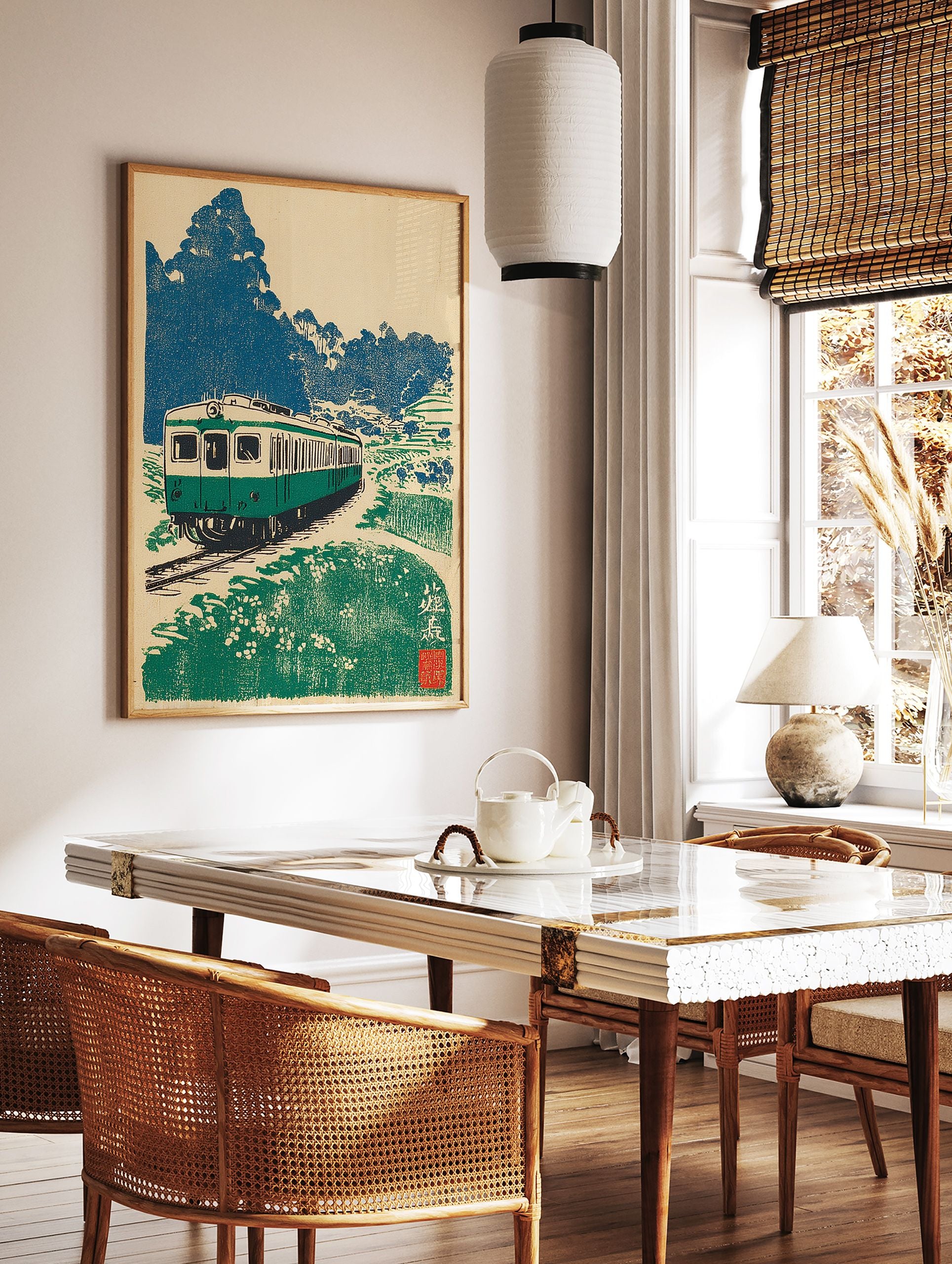 Japanese Train Wall Art showing a green train on tracks in a rural landscape with blue trees and green fields, vintage style. - Image 2