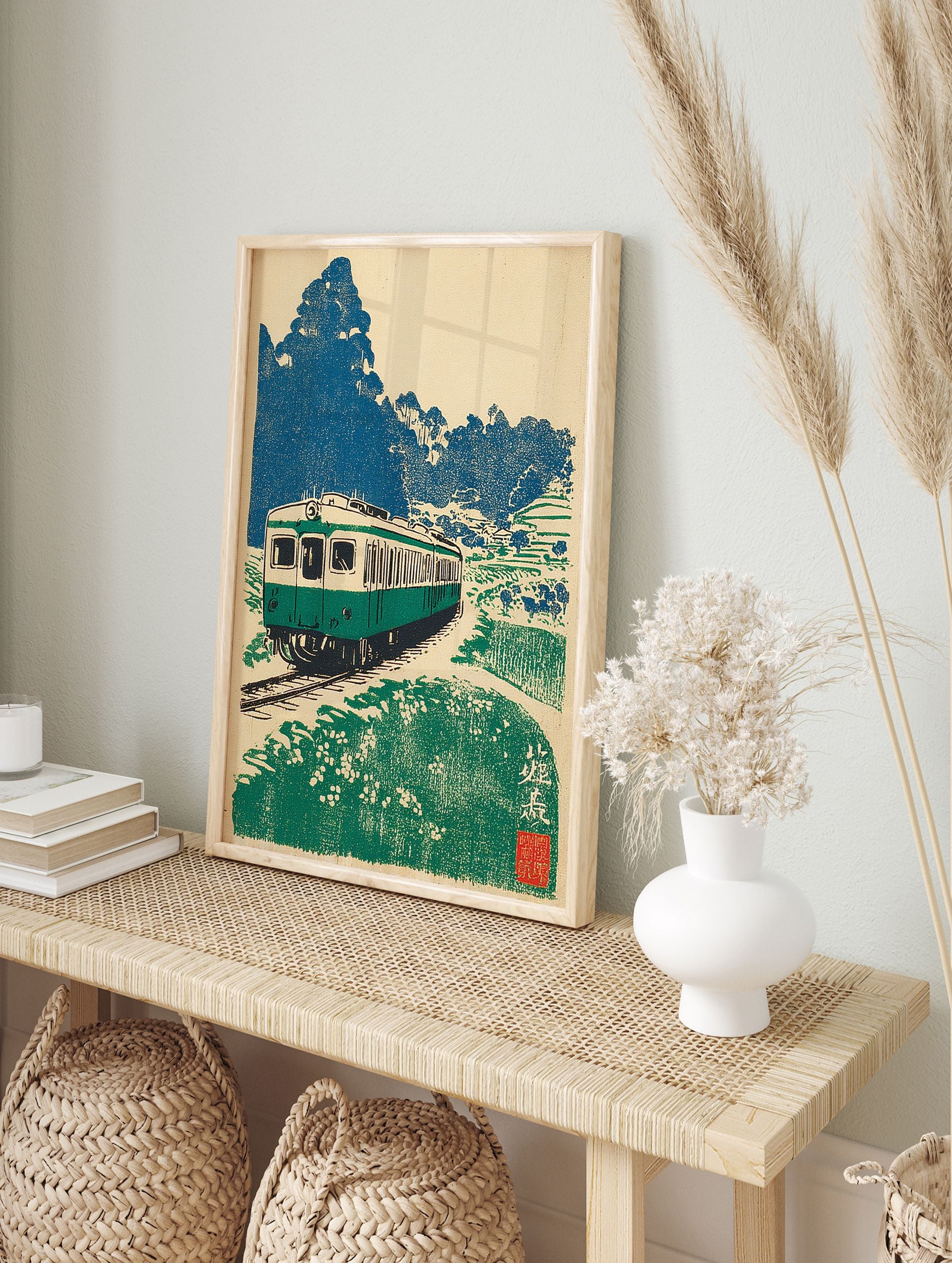 Japanese Train Wall Art showing a green train on tracks in a rural landscape with blue trees and green fields, vintage style. - Image 3