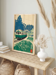 Japanese Train Wall Art showing a green train on tracks in a rural landscape with blue trees and green fields, vintage style. - Image 3