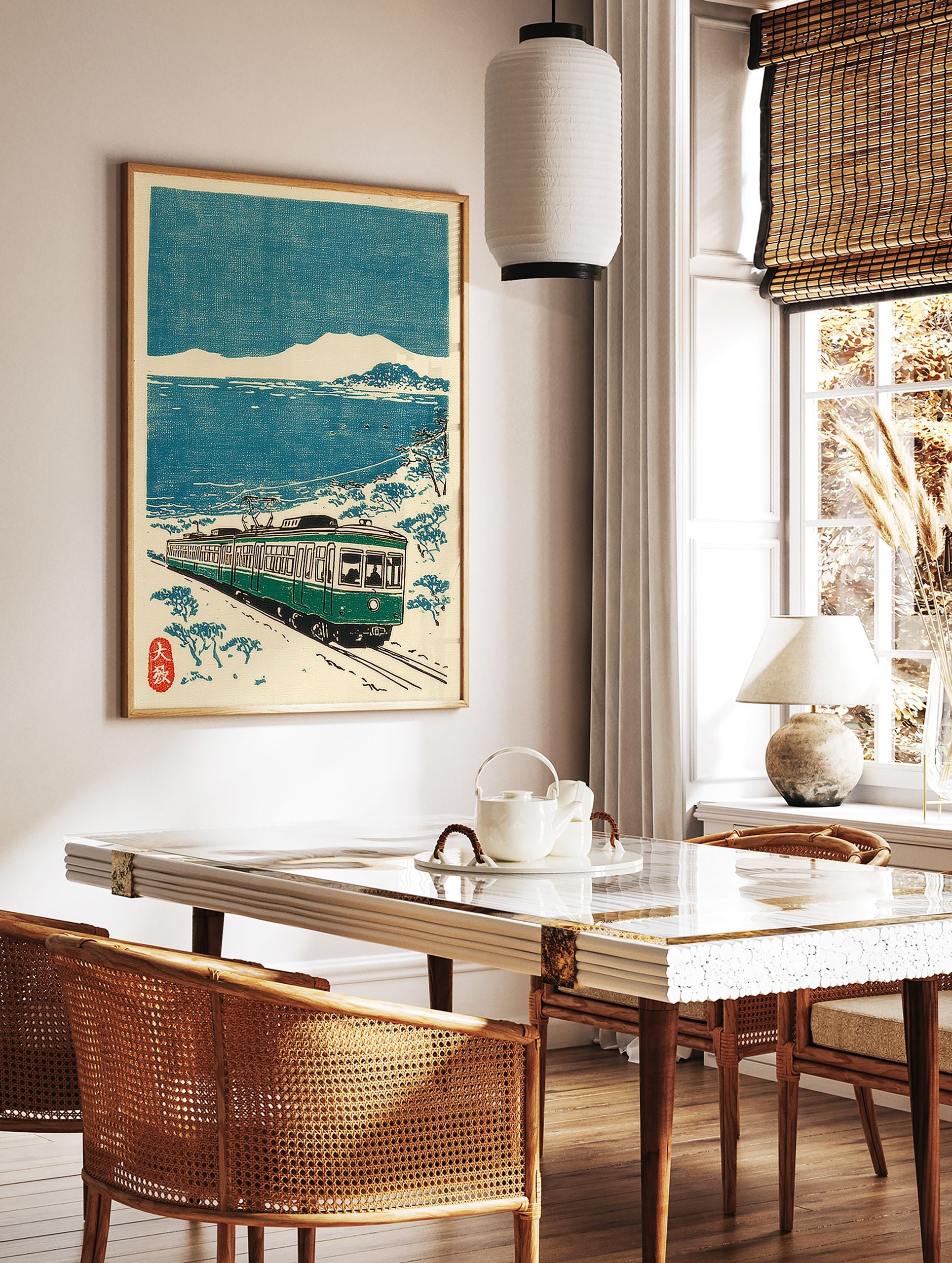 Japanese Train Wall Art woodblock print featuring a green train on tracks by a snowy blue sea and distant mountains. - Image 2