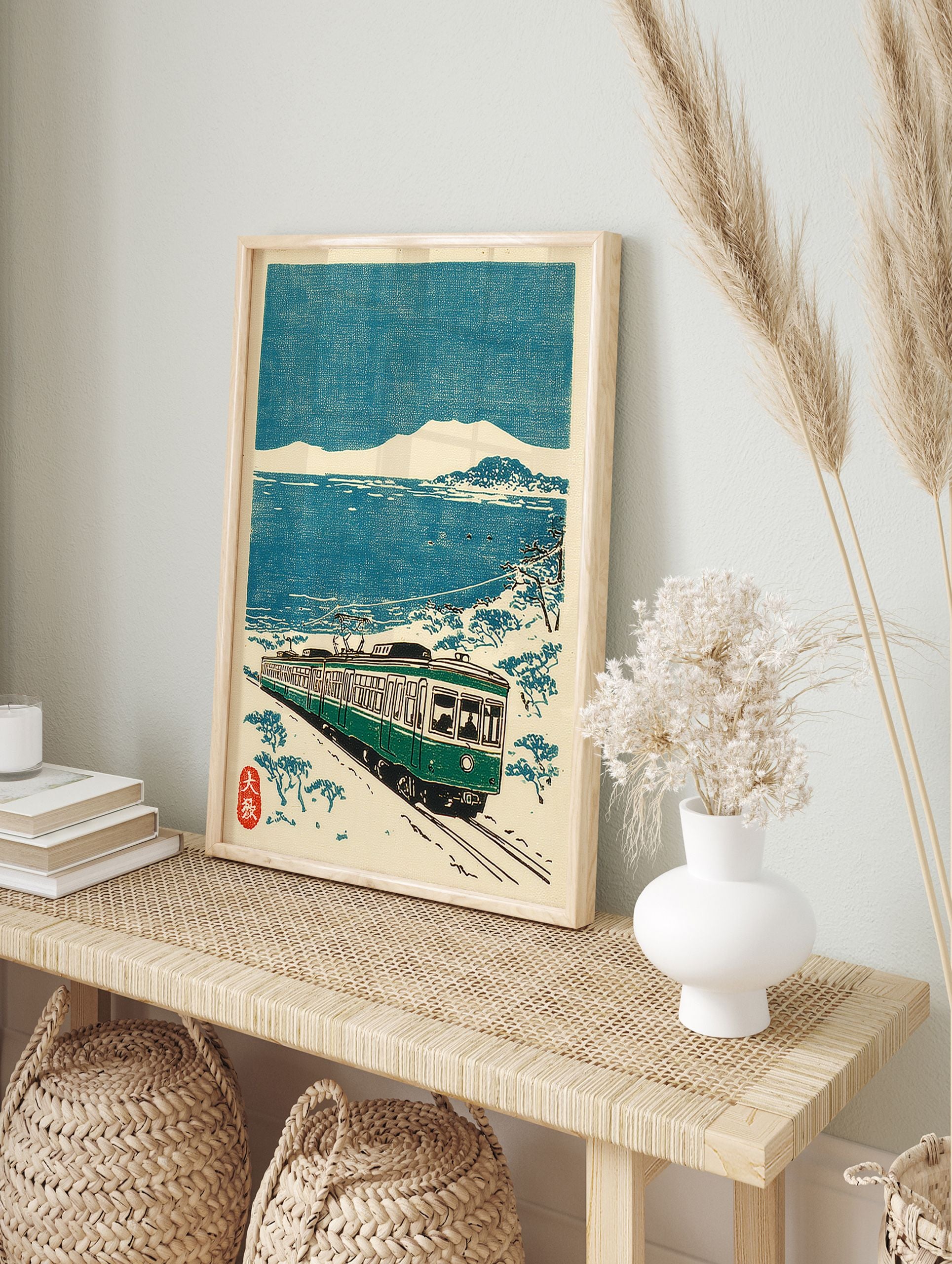 Japanese Train Wall Art woodblock print featuring a green train on tracks by a snowy blue sea and distant mountains. - Image 3
