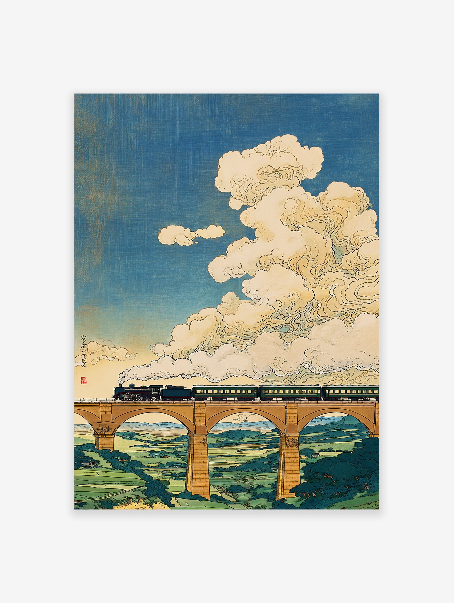 Japanese woodblock style art print of a black steam train with green carriages crossing a stone bridge over a green landscape.