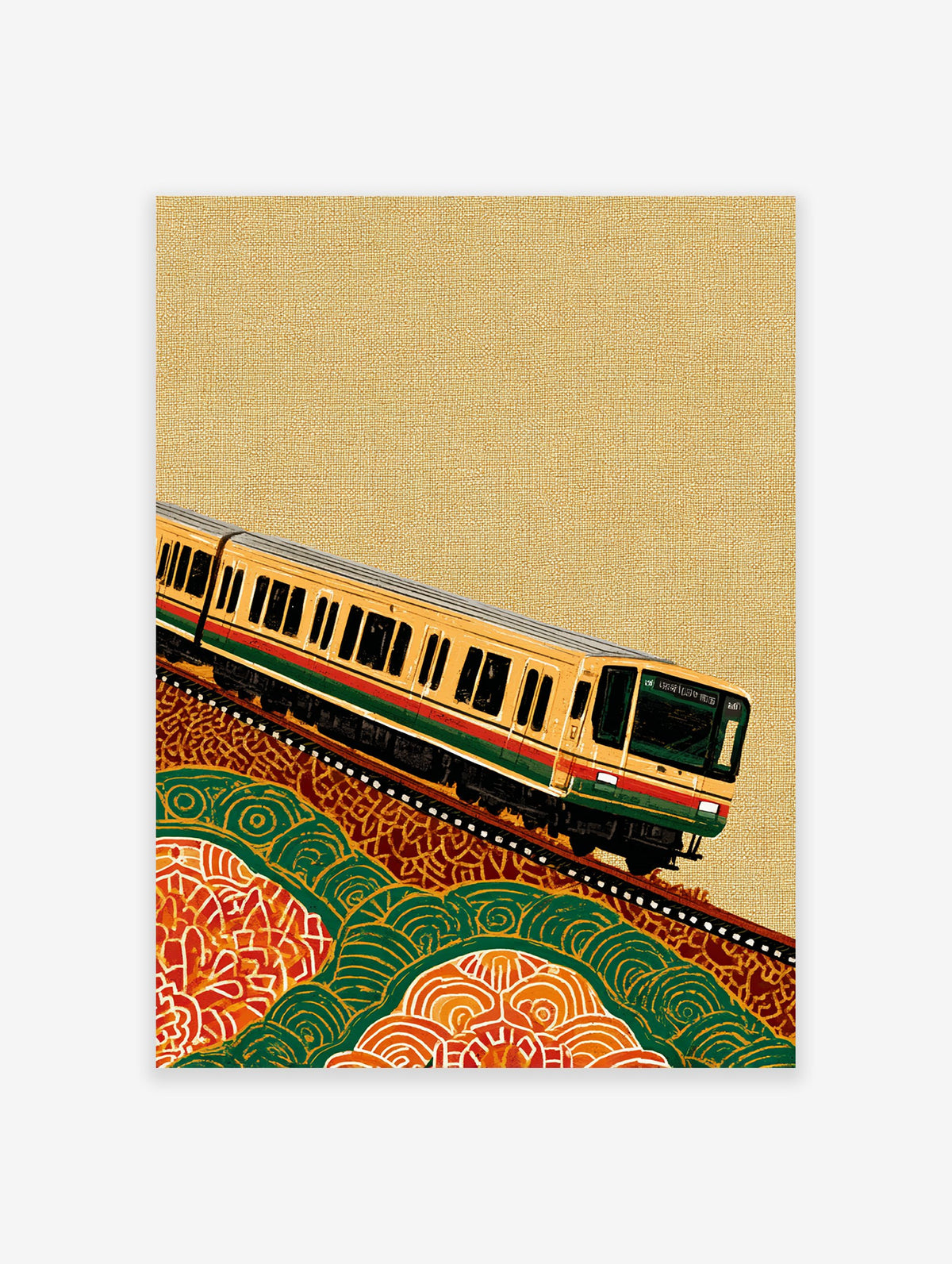 Yellow Japanese commuter train on tracks, ascending a hill with green and orange abstract patterns, cultural train wall art.