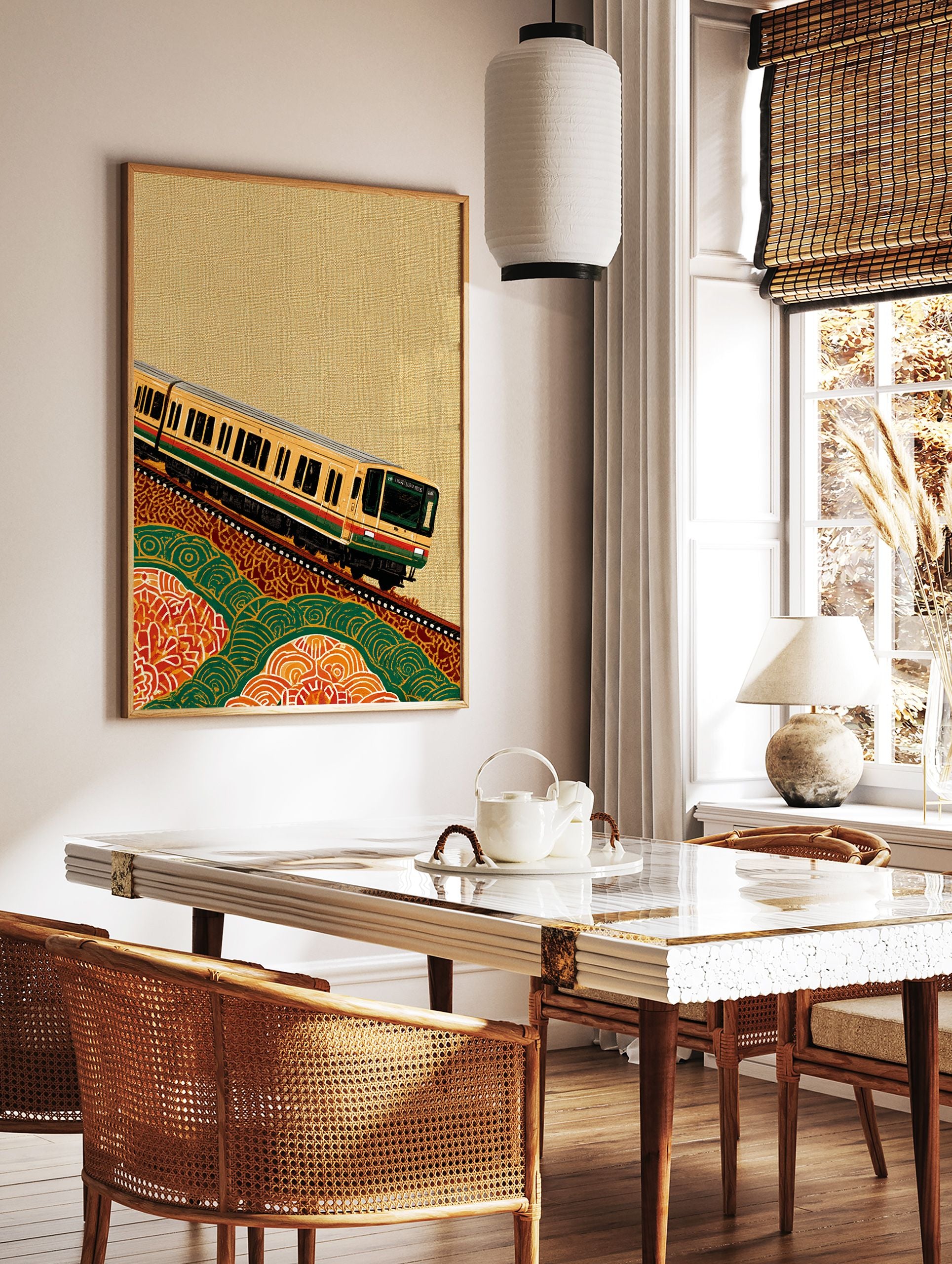 Yellow Japanese commuter train on tracks, ascending a hill with green and orange abstract patterns, cultural train wall art. - Image 2