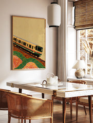 Yellow Japanese commuter train on tracks, ascending a hill with green and orange abstract patterns, cultural train wall art. - Image 2