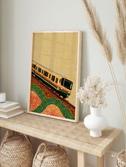 Yellow Japanese commuter train on tracks, ascending a hill with green and orange abstract patterns, cultural train wall art. - Image 3