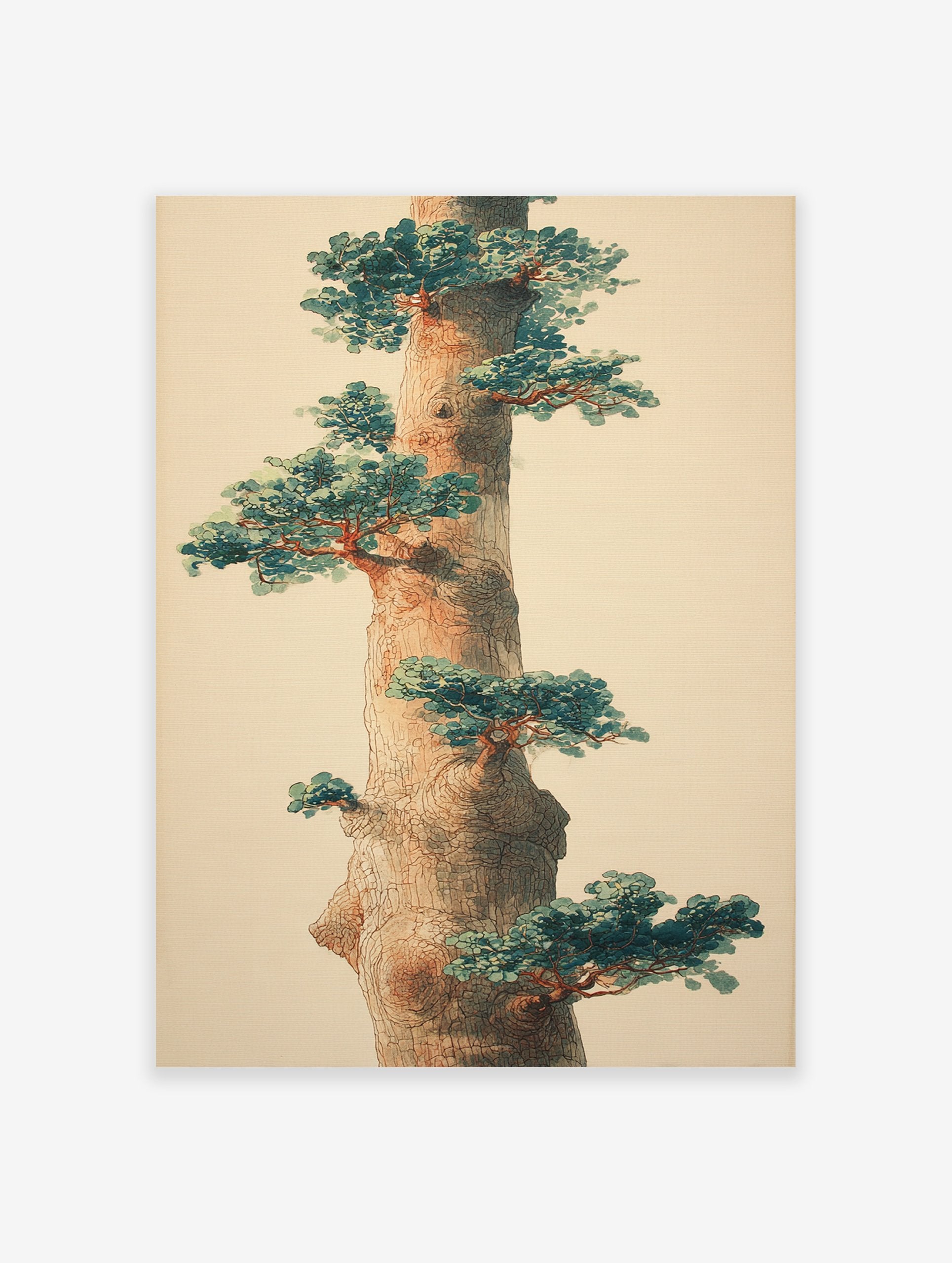 Japanese style watercolor illustration of a tall tree trunk with green leaves and branches on a neutral background, botanical art.
