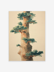 Japanese style watercolor illustration of a tall tree trunk with green leaves and branches on a neutral background, botanical art.