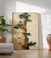 Japanese style watercolor illustration of a tall tree trunk with green leaves and branches on a neutral background, botanical art. - Image 3