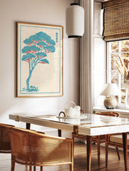 Japanese blue and red illustrative tree art print with stylized branches and foliage on a textured cream background - Image 2