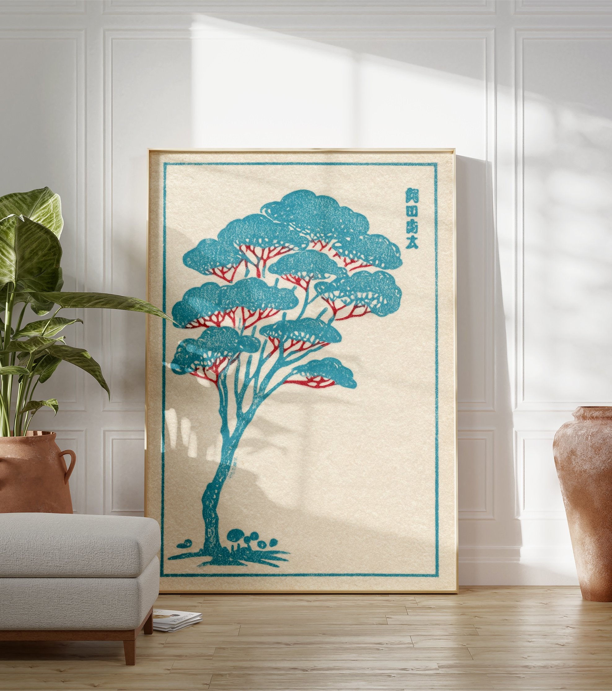 Japanese blue and red illustrative tree art print with stylized branches and foliage on a textured cream background - Image 3