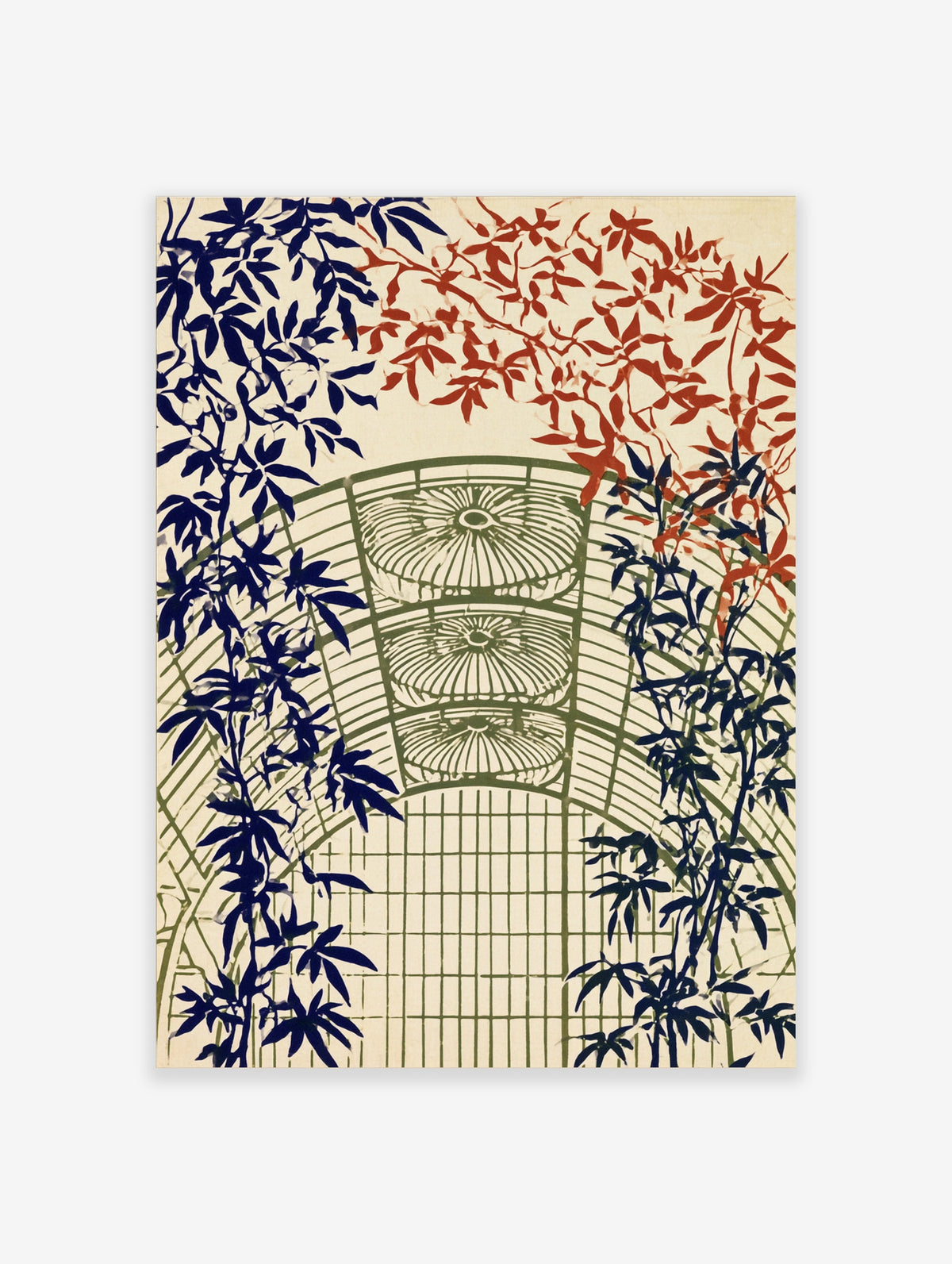 Japanese trellis art print with navy blue and rust red leaves over an olive green arched lattice on cream