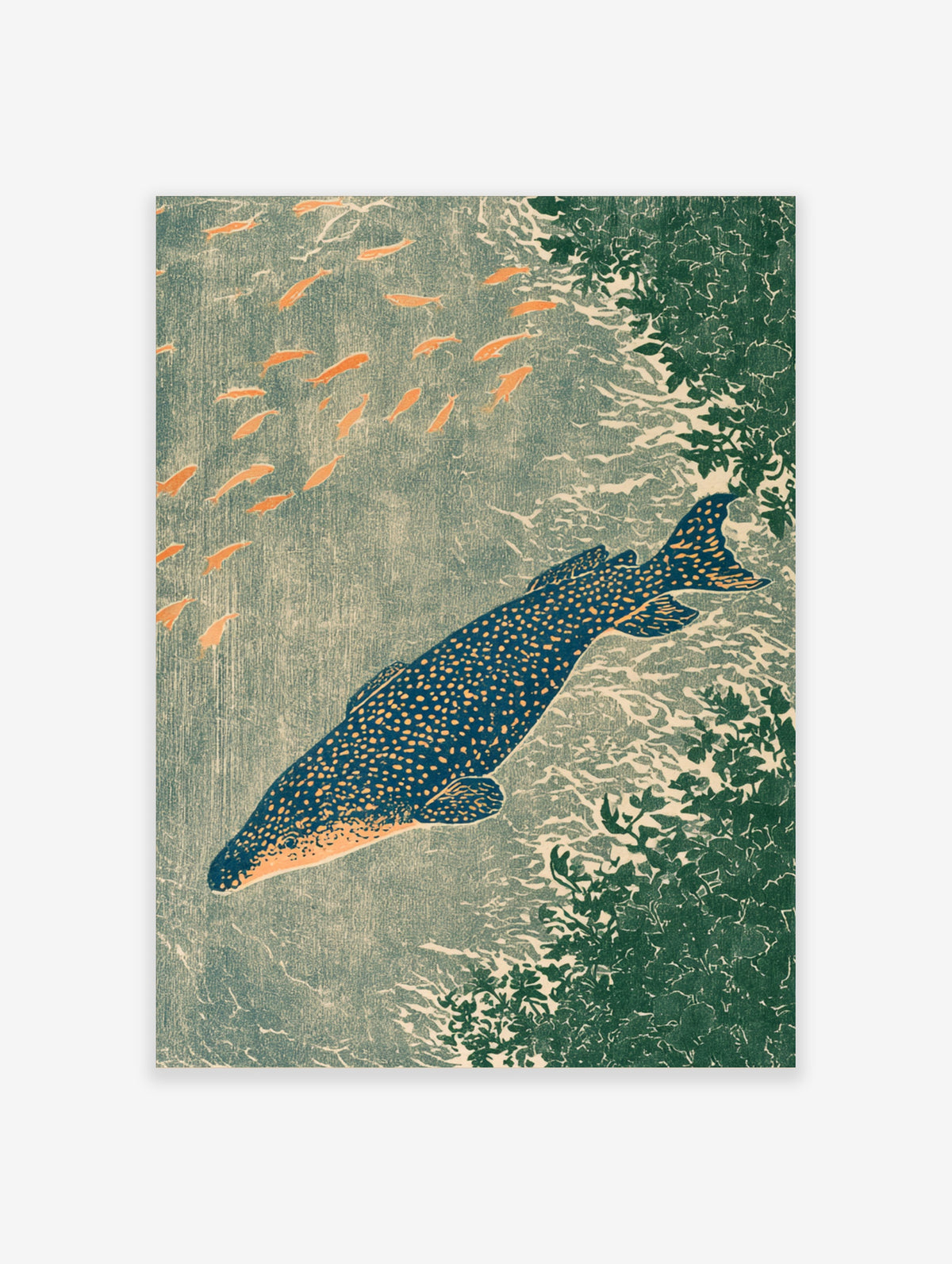 Japanese trout poster with dark blue spotted fish, orange fry, and green water weeds in portrait