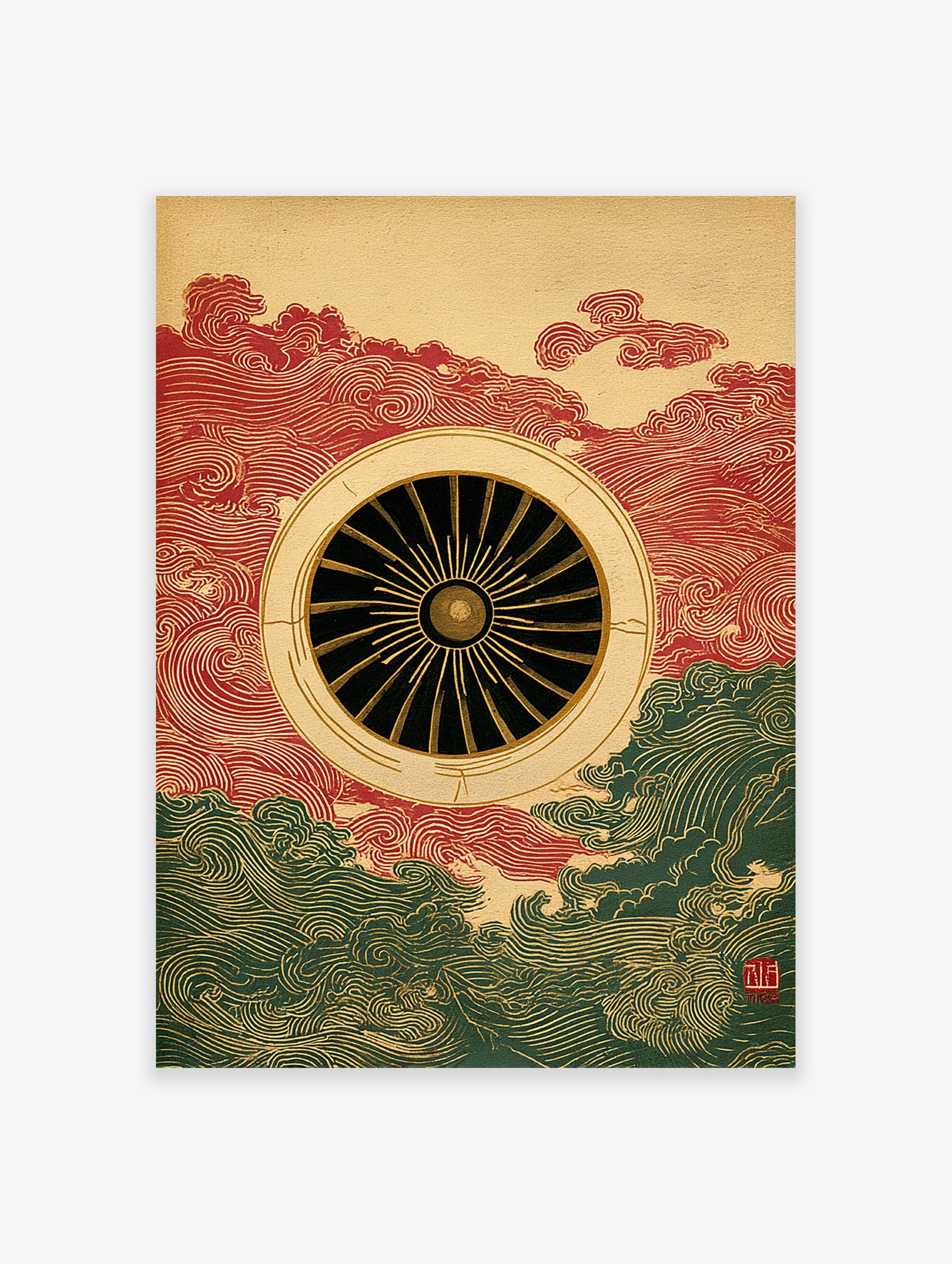 Japanese Turbine Wall Art print with a central black and gold turbine, surrounded by red and green traditional wave patterns.