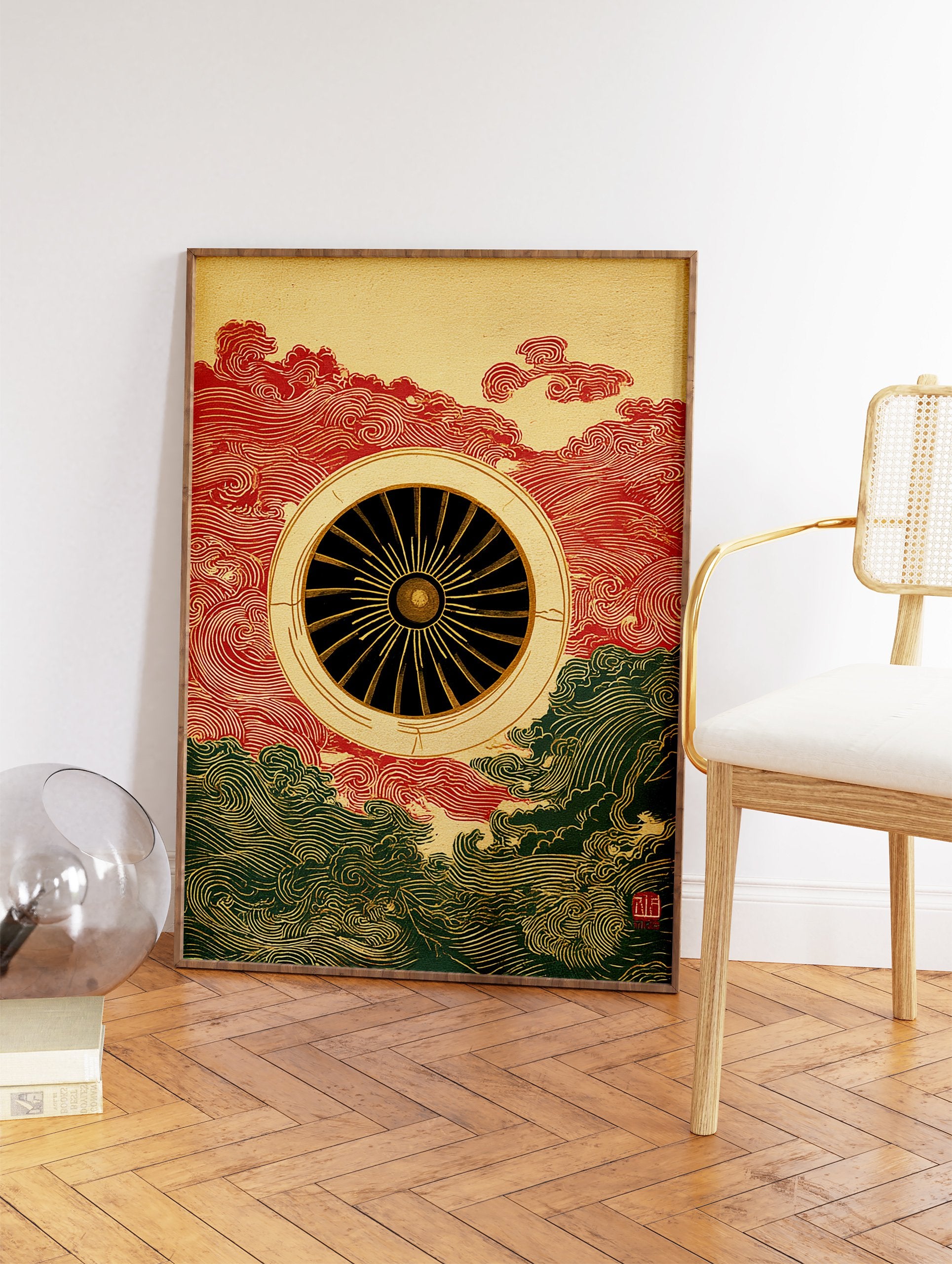 Japanese Turbine Wall Art print with a central black and gold turbine, surrounded by red and green traditional wave patterns. - Image 2