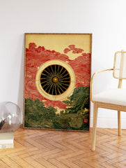 Japanese Turbine Wall Art print with a central black and gold turbine, surrounded by red and green traditional wave patterns. - Image 2