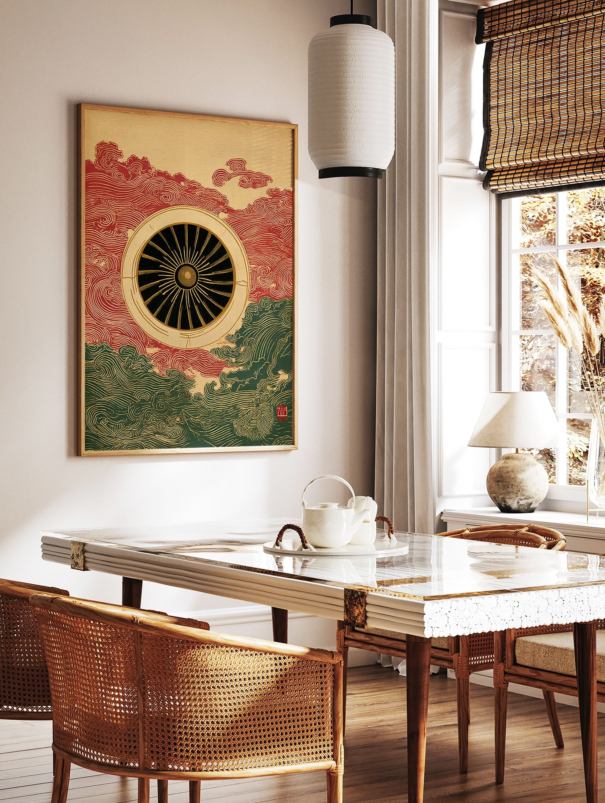 Japanese Turbine Wall Art print with a central black and gold turbine, surrounded by red and green traditional wave patterns. - Image 3