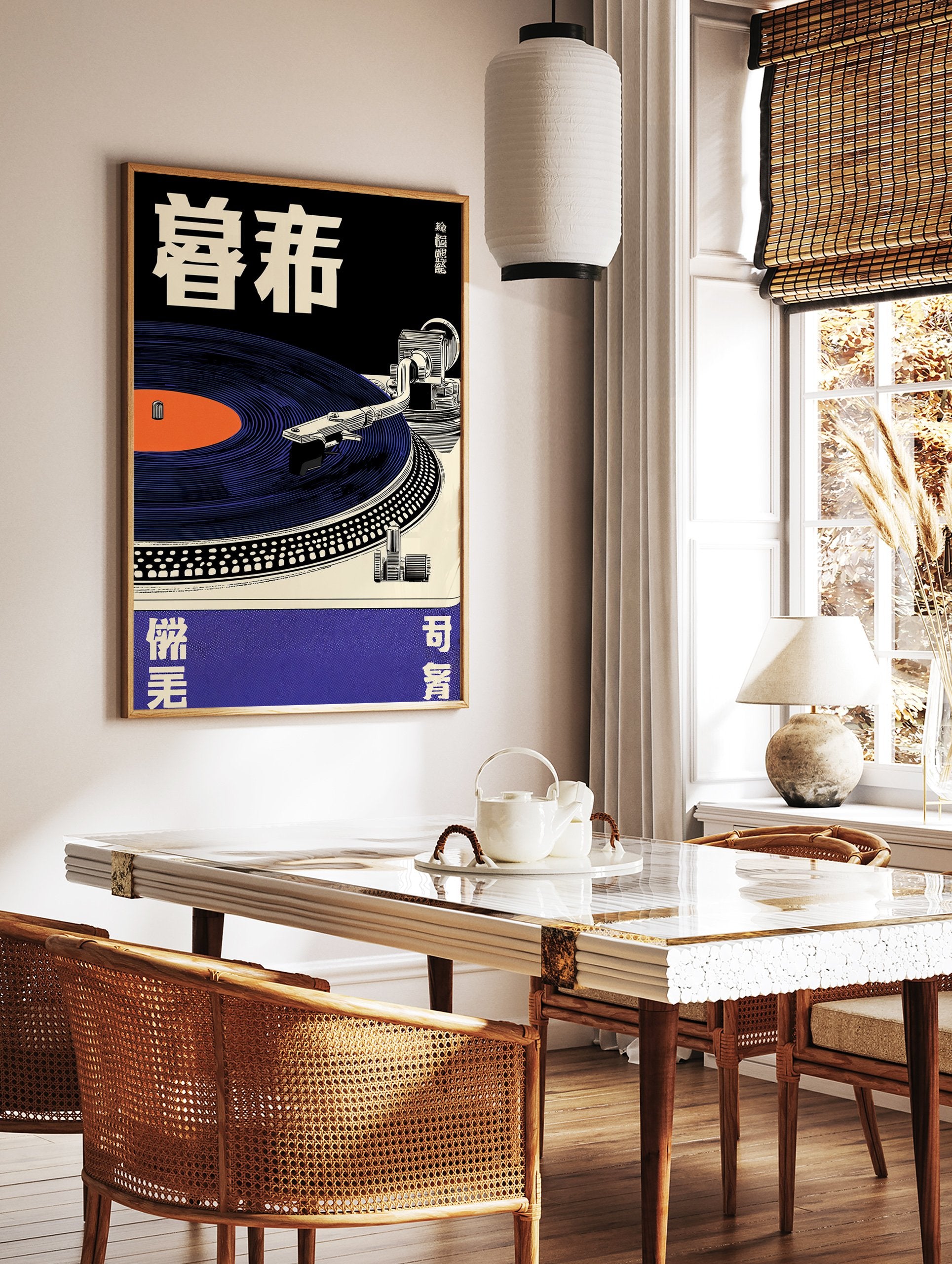 Japanese turntable music poster featuring a blue vinyl record, black background, and cream record player details with Japanese text. - Image 2