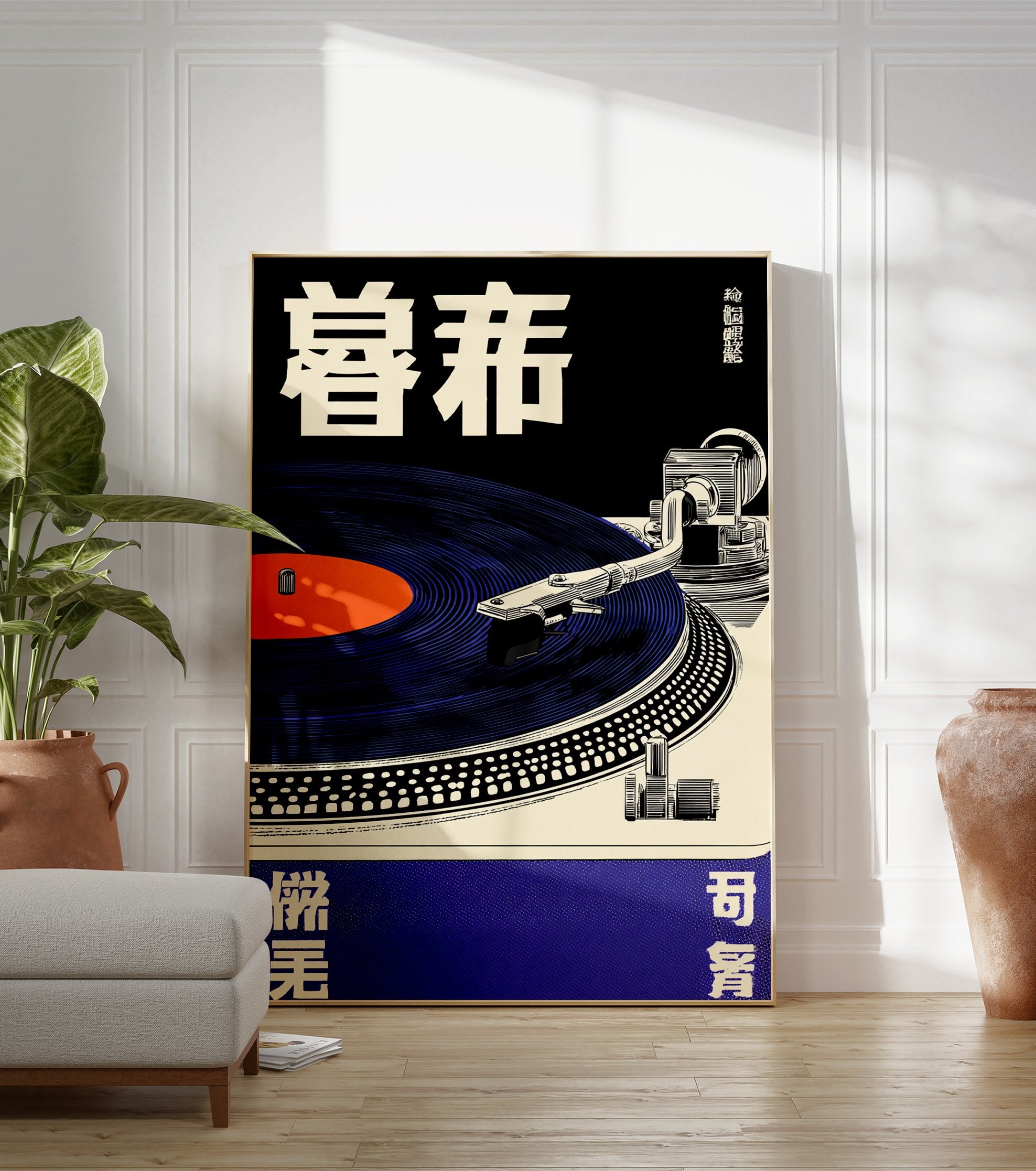Japanese turntable music poster featuring a blue vinyl record, black background, and cream record player details with Japanese text. - Image 3