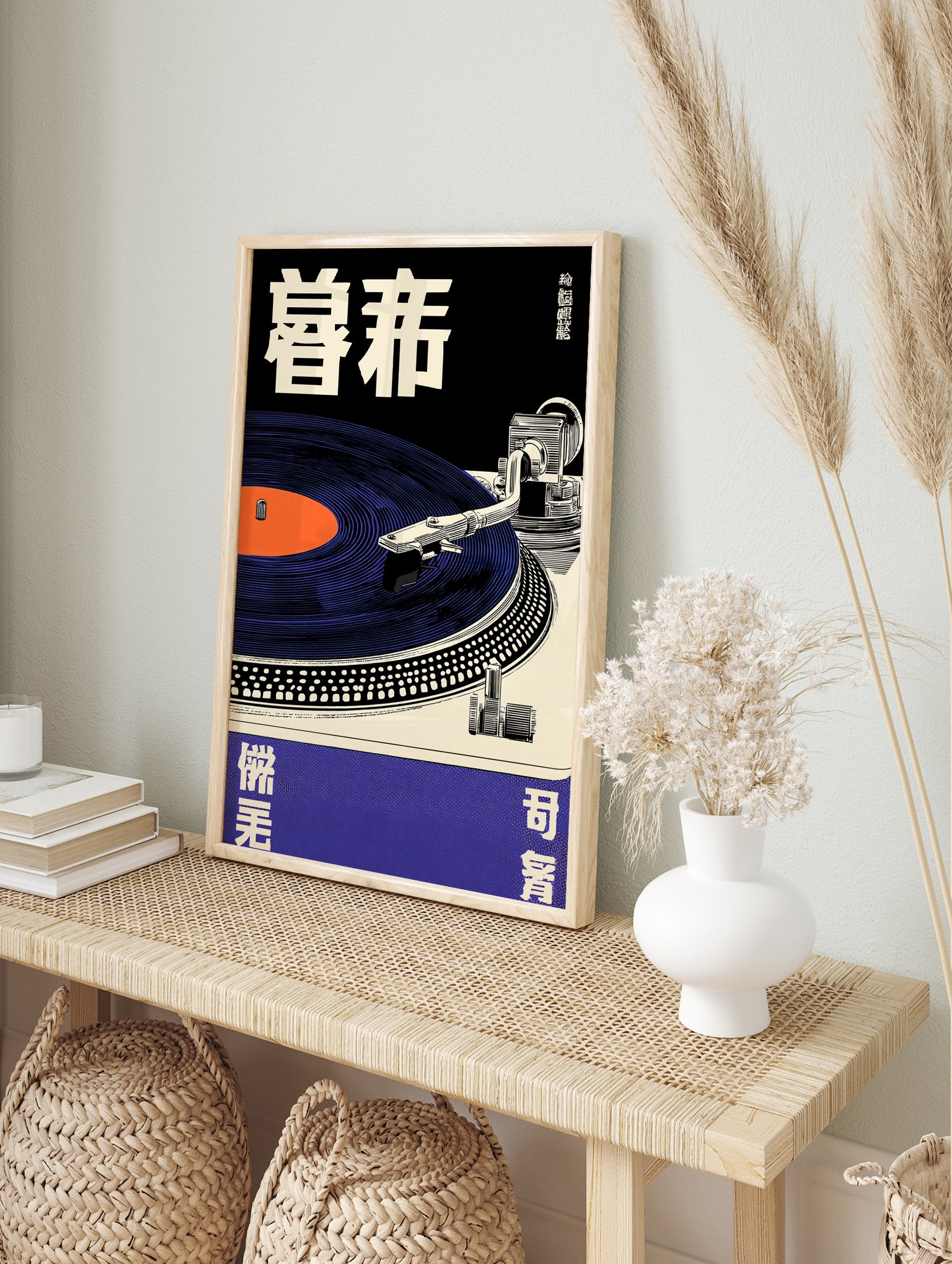 Japanese turntable music poster featuring a blue vinyl record, black background, and cream record player details with Japanese text. - Image 4