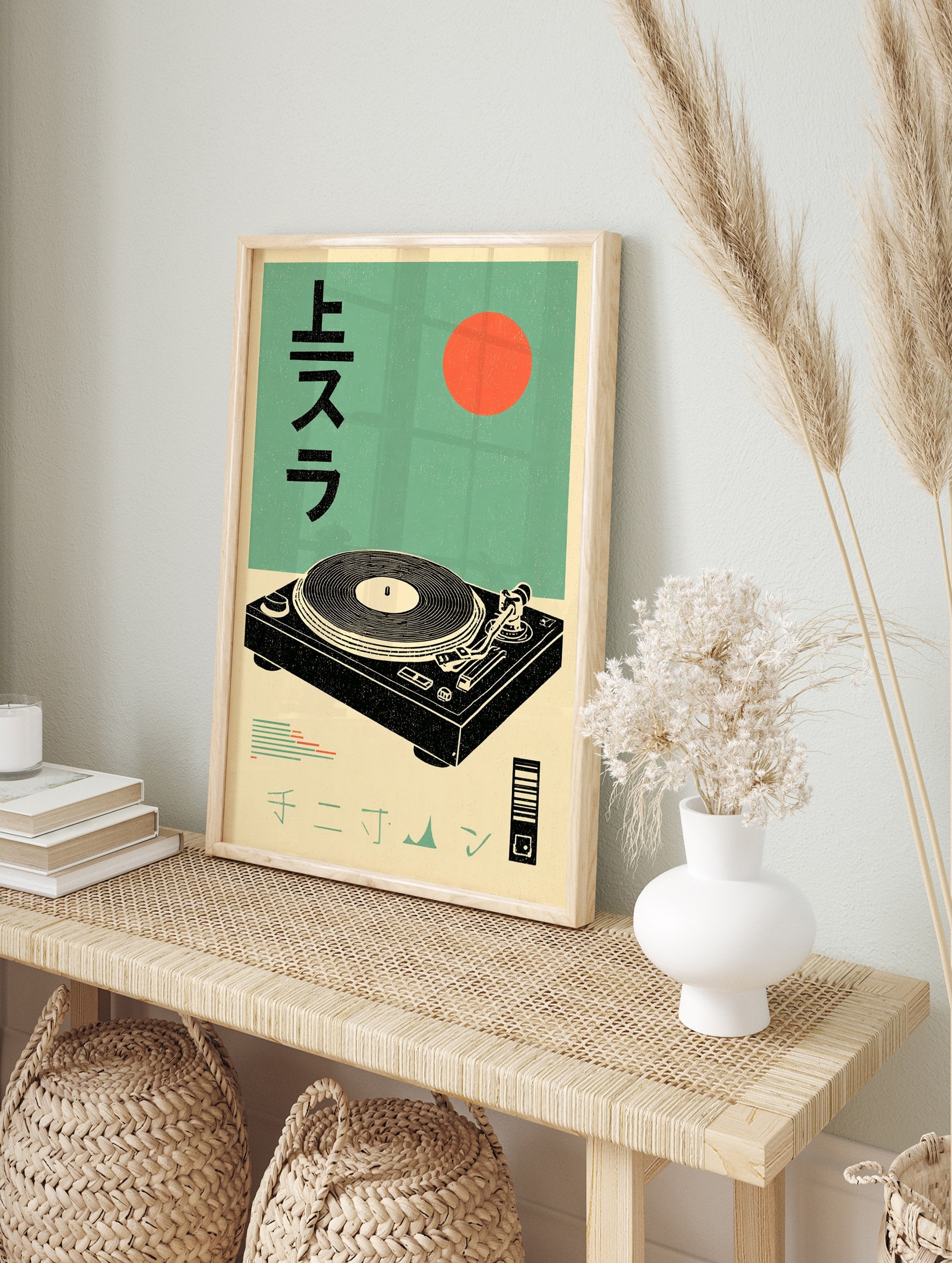Japanese turntable poster with a record player, red sun, and Japanese text on a green background, in a retro illustrative style. - Image 4
