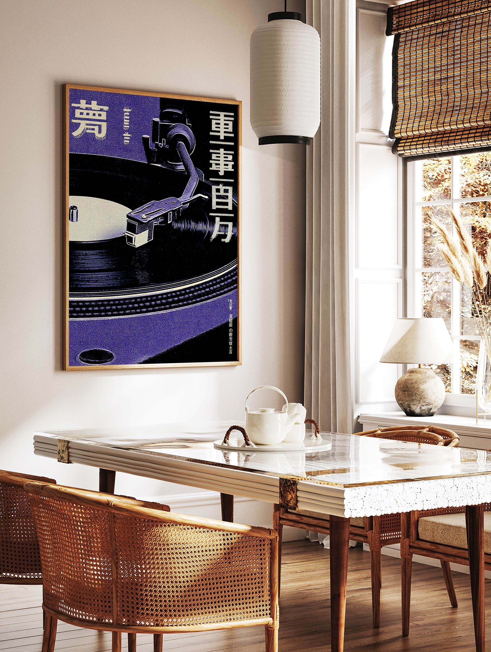 Japanese Turntable Poster featuring a purple and black vintage record player with Japanese text on a textured background. - Image 2
