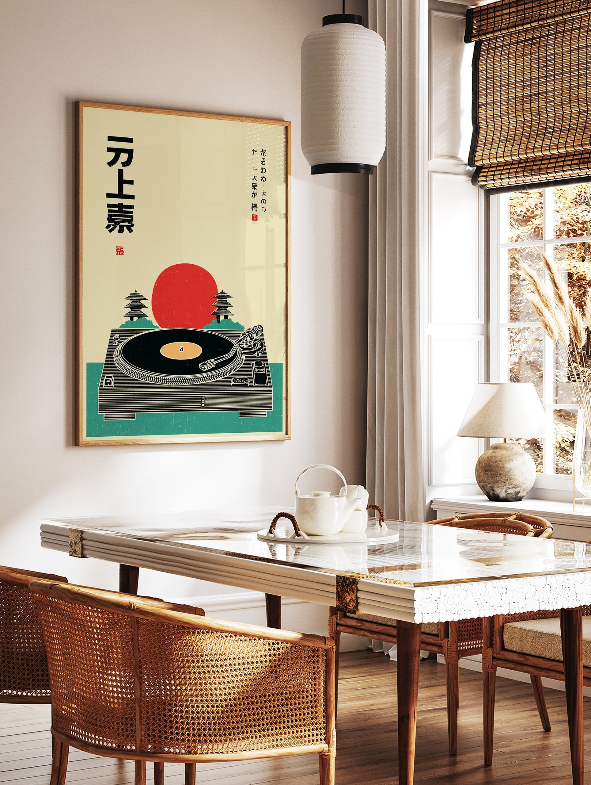 Japanese Turntable poster featuring a black turntable, red sun, and pagodas in an illustrative, retro style. - Image 2