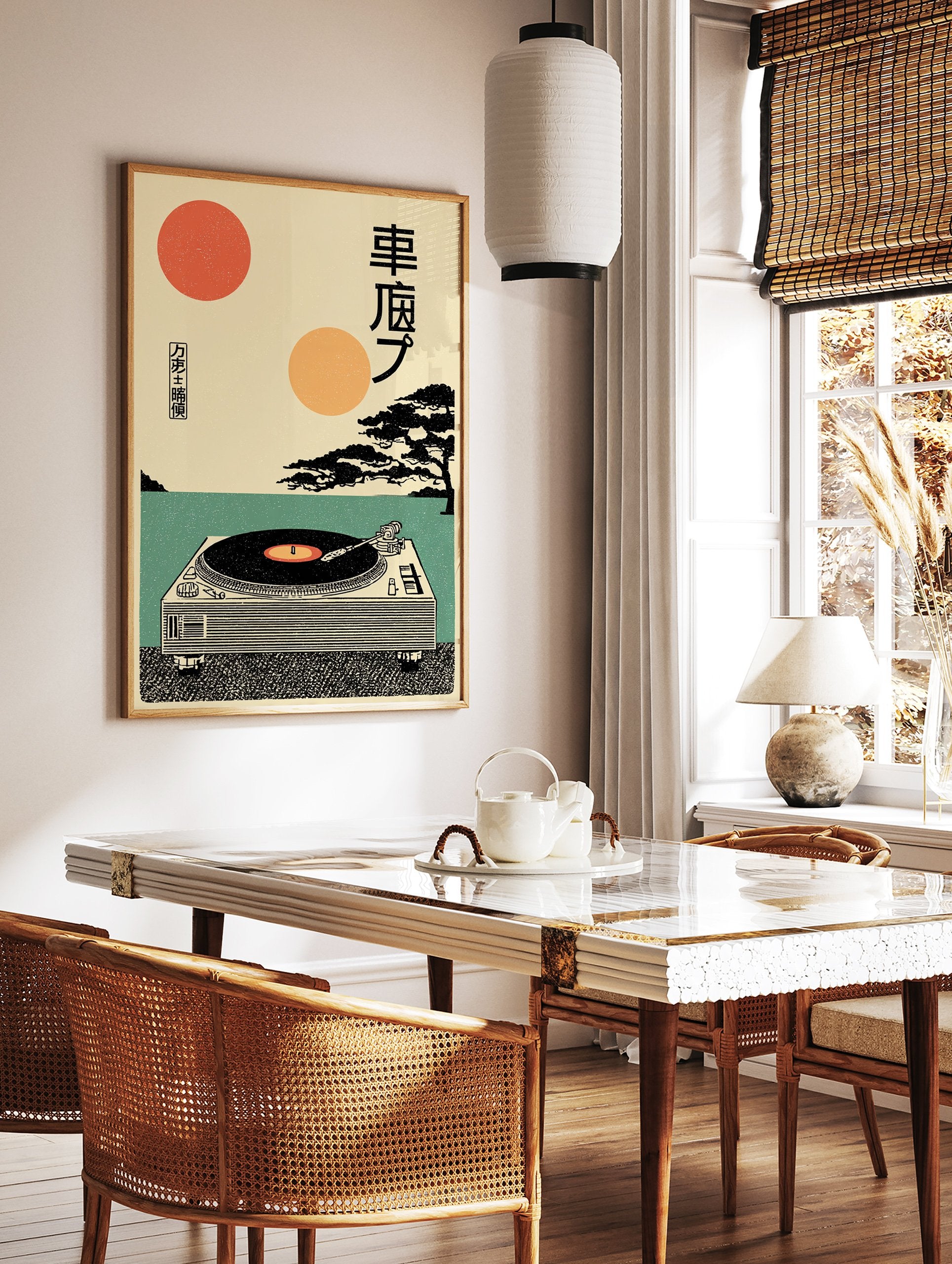 Japanese turntable poster with two suns, a black tree, and text in a Ukiyo-e inspired retro style. - Image 2