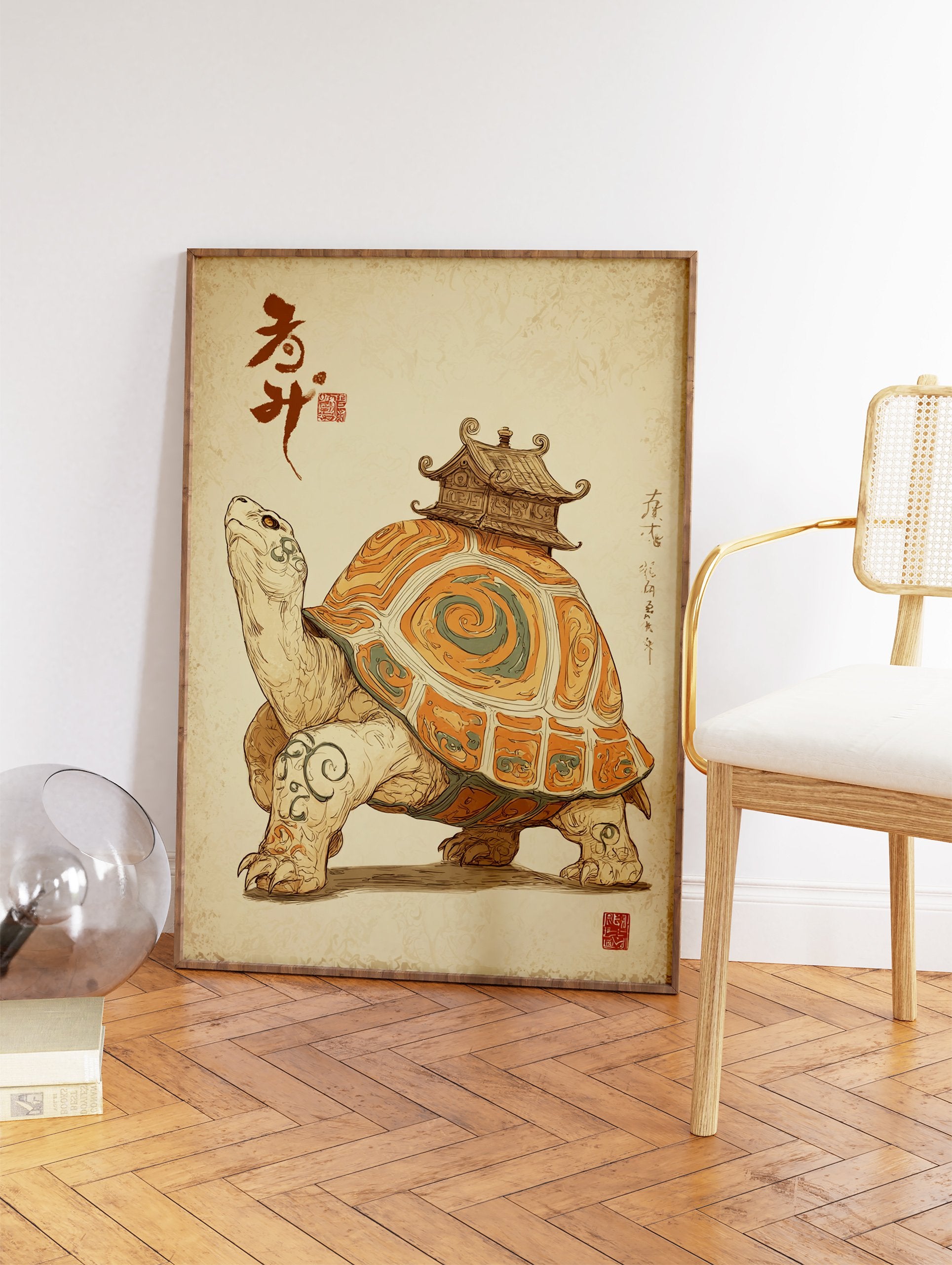 Japanese Turtle Art print showing a large turtle with a temple on its shell, in a traditional illustrative style with earthy tones. - Image 2