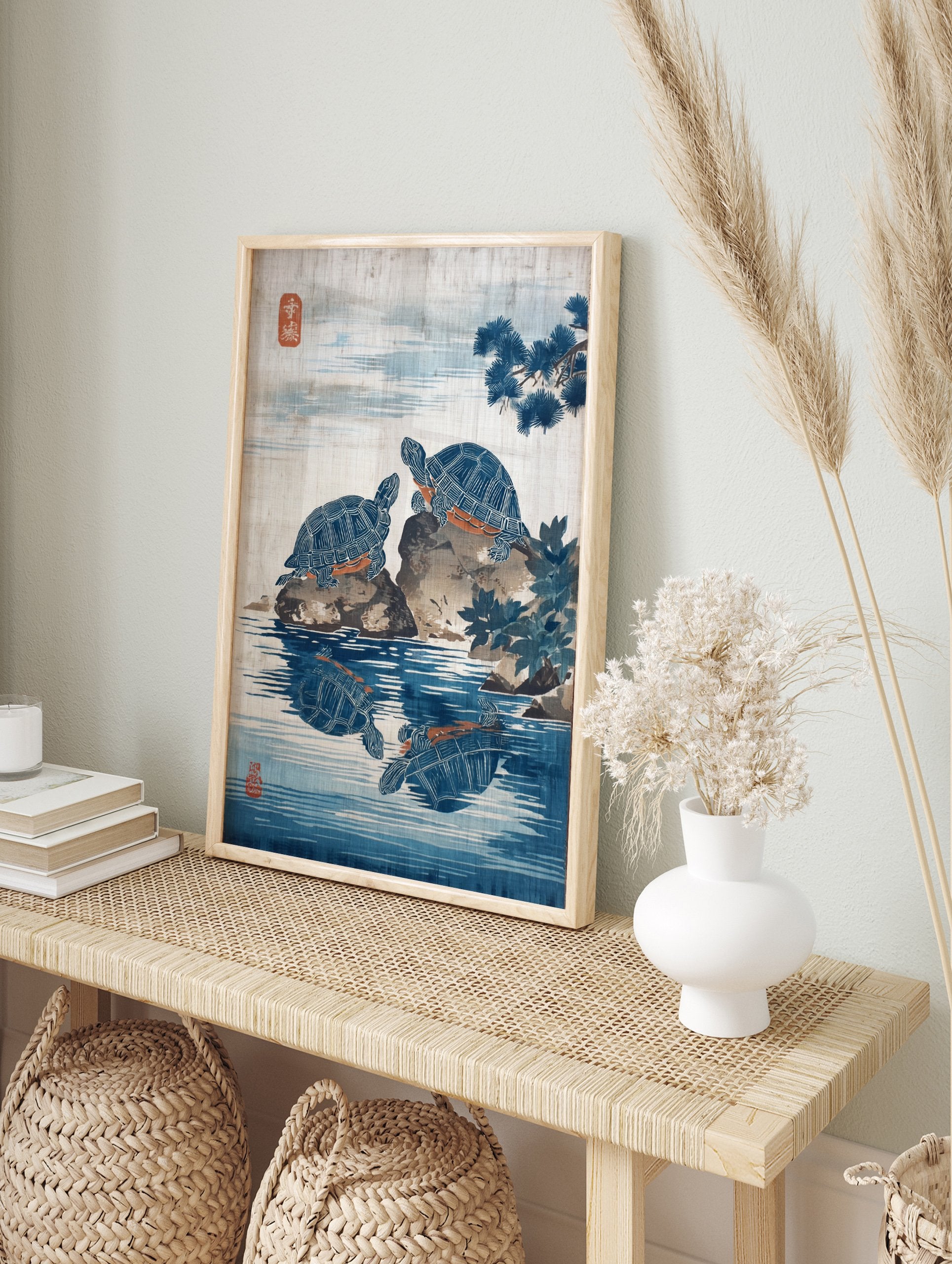 Japanese Turtle Art Poster showing two blue turtles on rocks with reflections in serene blue water and a pine branch. - Image 4