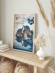 Japanese Turtle Art Poster showing two blue turtles on rocks with reflections in serene blue water and a pine branch. - Image 4