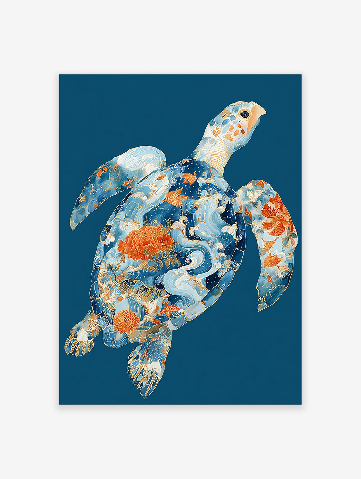 Japanese turtle poster with intricate blue waves, orange floral patterns, and golden outlines on a deep blue background.