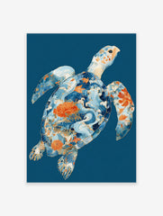 Japanese turtle poster with intricate blue waves, orange floral patterns, and golden outlines on a deep blue background.