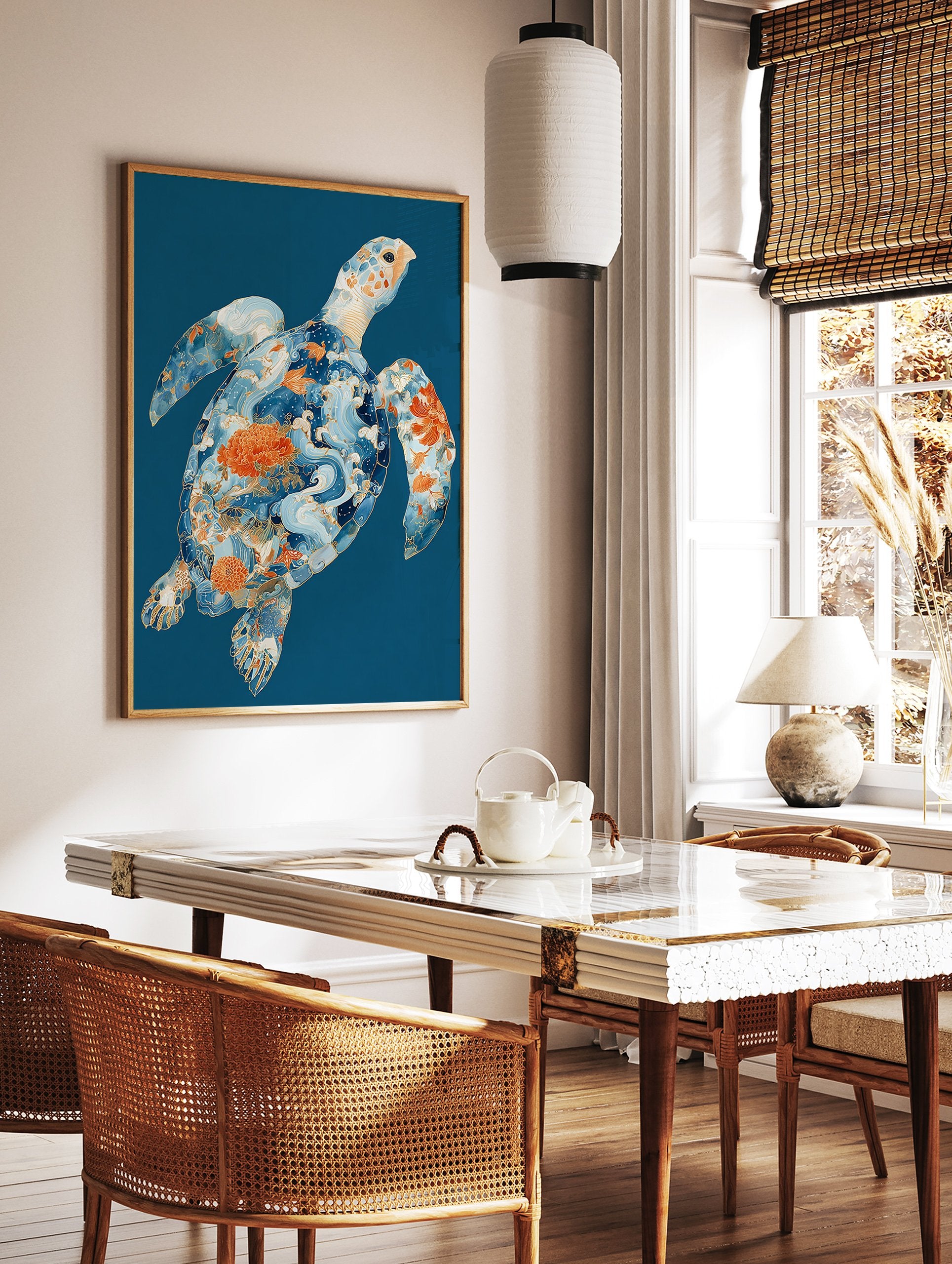 Japanese turtle poster with intricate blue waves, orange floral patterns, and golden outlines on a deep blue background. - Image 2