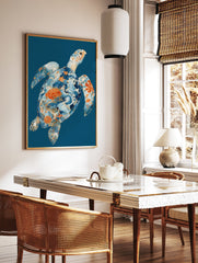 Japanese turtle poster with intricate blue waves, orange floral patterns, and golden outlines on a deep blue background. - Image 2