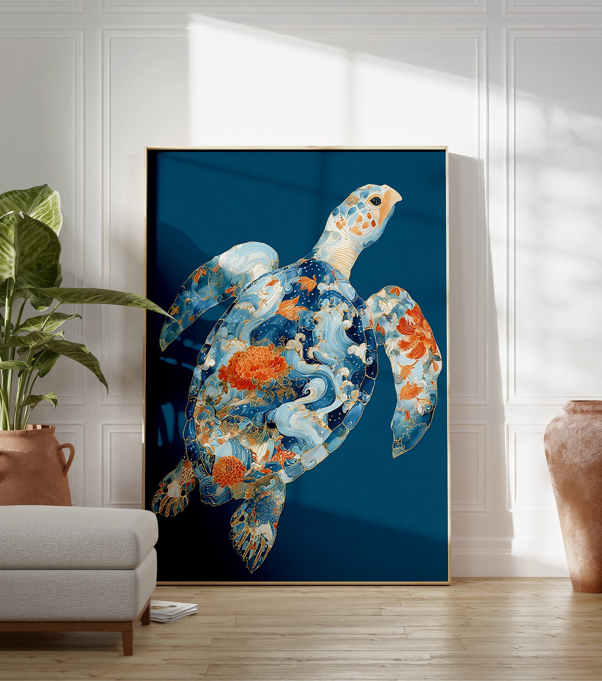 Japanese turtle poster with intricate blue waves, orange floral patterns, and golden outlines on a deep blue background. - Image 3