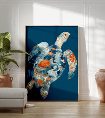 Japanese turtle poster with intricate blue waves, orange floral patterns, and golden outlines on a deep blue background. - Image 3