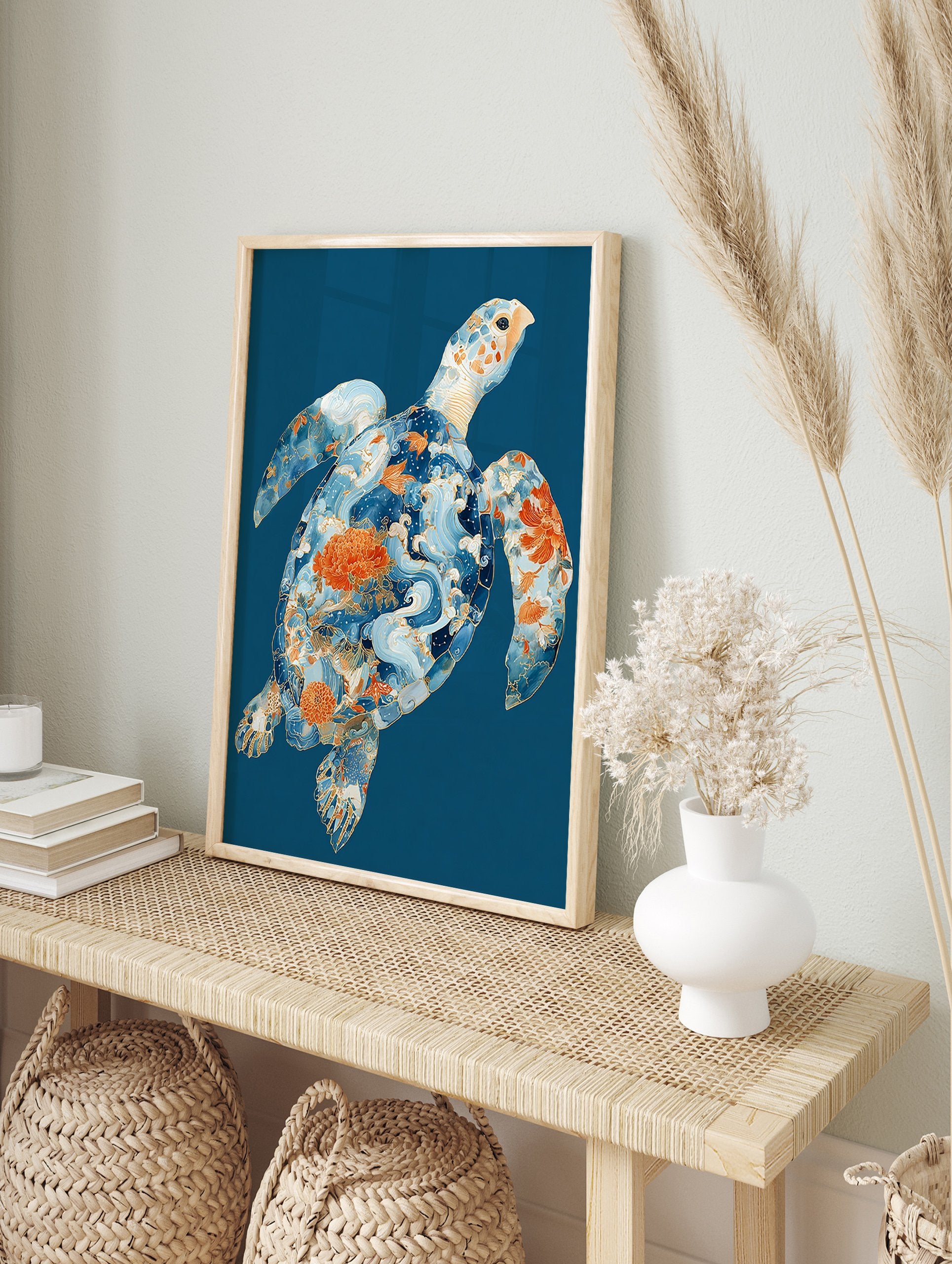 Japanese turtle poster with intricate blue waves, orange floral patterns, and golden outlines on a deep blue background. - Image 4