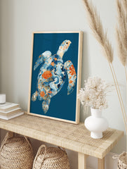 Japanese turtle poster with intricate blue waves, orange floral patterns, and golden outlines on a deep blue background. - Image 4