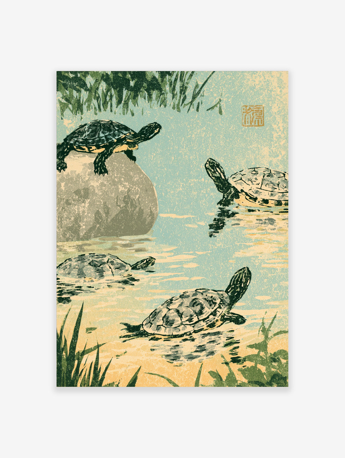 Japanese woodblock turtle poster with four turtles in a pond, green reeds, blue water, and a red seal