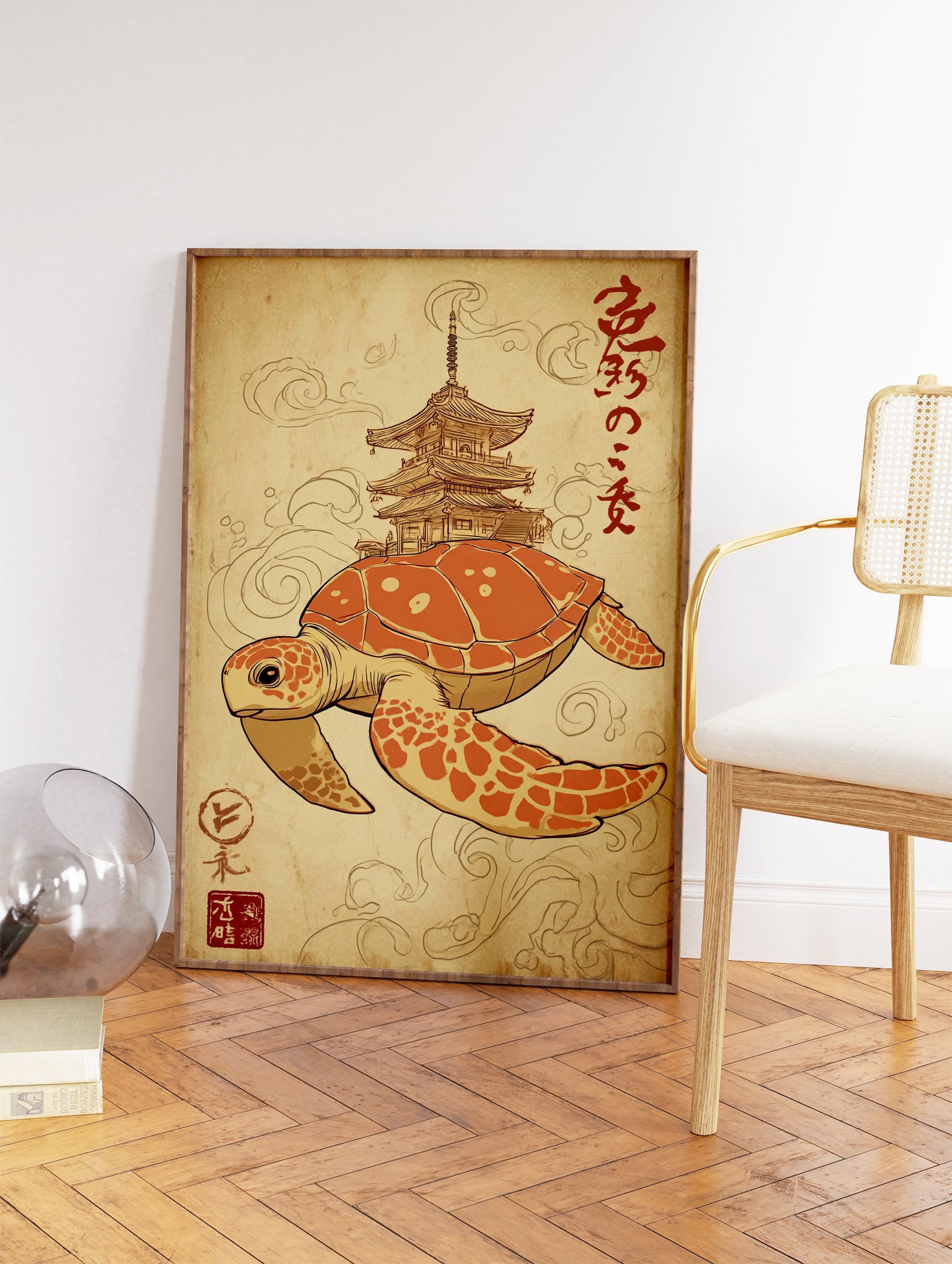 Japanese Turtle Wall Art with an orange sea turtle, a traditional pagoda, and swirling clouds on a vintage-style paper background. - Image 2