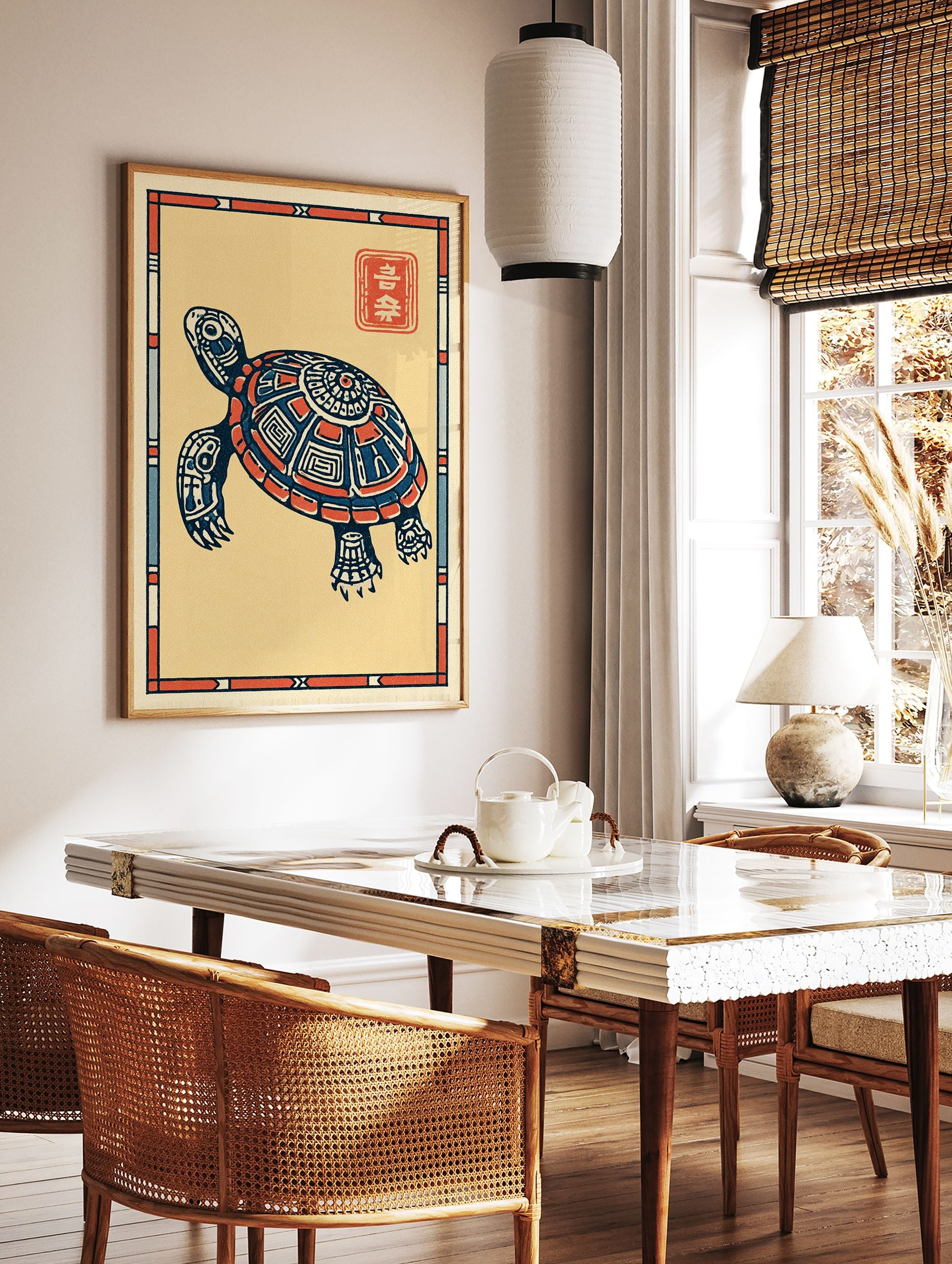 Stylized Japanese turtle wall art print with intricate blue and orange patterns on a cream background, featuring a red stamp. - Image 2