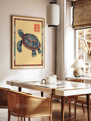 Stylized Japanese turtle wall art print with intricate blue and orange patterns on a cream background, featuring a red stamp. - Image 2