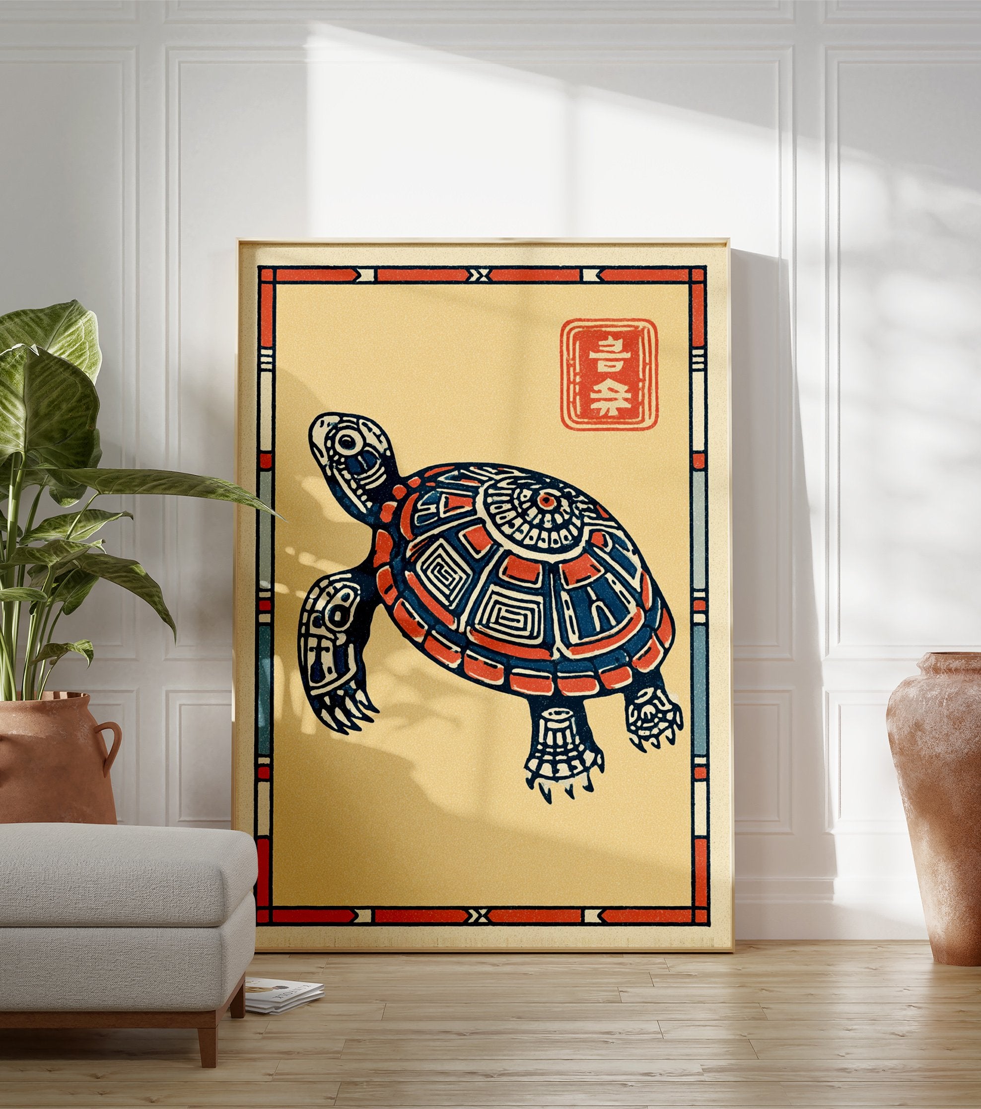 Stylized Japanese turtle wall art print with intricate blue and orange patterns on a cream background, featuring a red stamp. - Image 3