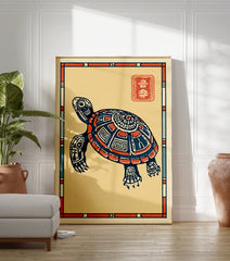 Stylized Japanese turtle wall art print with intricate blue and orange patterns on a cream background, featuring a red stamp. - Image 3