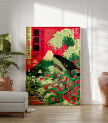 Japanese Ukiyo-e style poster showing a shark and octopus in giant waves with Mount Fuji and a traditional cityscape in the background. - Image 3